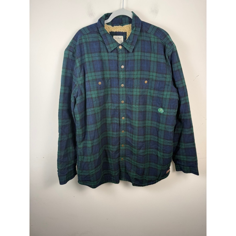 LL Bean Mens XL Tall Fleece Lined Flannel Shirt Jacket Black Watch Plaid 506139
